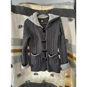 Cabela's Cable Knit Hooded Sweater Toggle Button Soft Sherpa Lined Fisherman - M